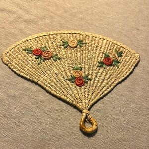 Vintage Handwoven natural Straw Fan with Floral Embroidery